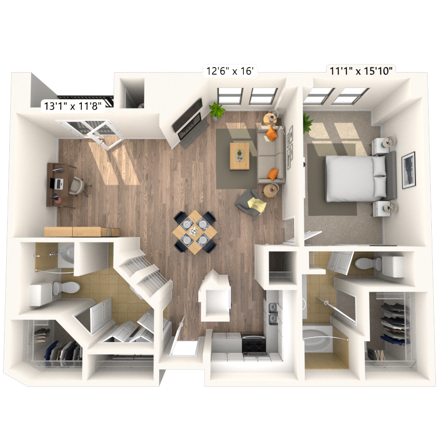Floor plan for 1 bed, 1 bath, 1019 sqft